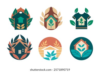 Retro Vintage House with Leaves Bundle. Nature-Inspired Classic Designs