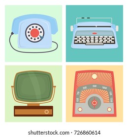 Retro vintage household appliances antique technology utensil vector illustration.