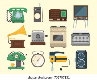 Retro vintage household appliances vector kitchenware antique technology utensil housework electric equipment illustration.