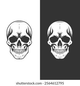 Retro vintage human skull illustration line art black vector concept