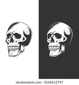 Retro vintage human skull illustration line art black vector concept