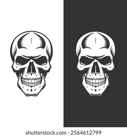 Retro vintage human skull illustration line art black vector concept