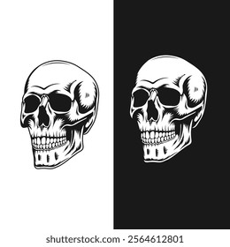 Retro vintage human skull illustration line art black vector concept