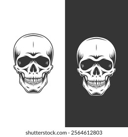 Retro vintage human skull illustration line art black vector concept