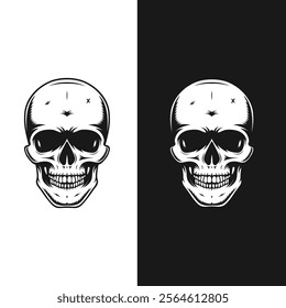 Retro vintage human skull illustration line art black vector concept