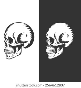 Retro vintage human skull illustration line art black vector concept