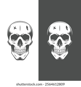 Retro vintage human skull illustration line art black vector concept