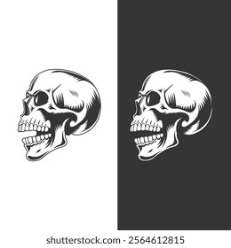 Retro vintage human skull illustration line art black vector concept