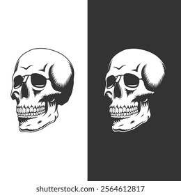 Retro vintage human skull illustration line art black vector concept