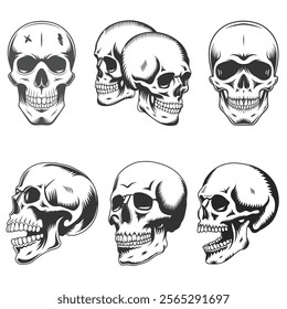 Retro vintage human skull illustration line art black vector concept