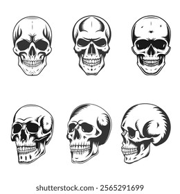 Retro vintage human skull illustration line art black vector concept