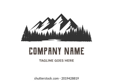 Retro Vintage Ice Snow Mountain And Pine Cedar Spruce Conifer Evergreen Fir Larch Cypress Hemlock With Creek River Lake Valley For Wilderness Adventure Logo Design Vector