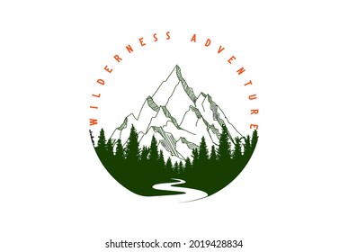 Retro Vintage Ice Snow Mountain and Pines Cedar Spruce Conifer Evergreen Fir Larch Cypress Hemlock with Creek River Valley for Wilderness Adventure Logo Design Vector