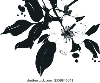 A Retro Vintage Illustration Design of Japanese ink Art with flower outline