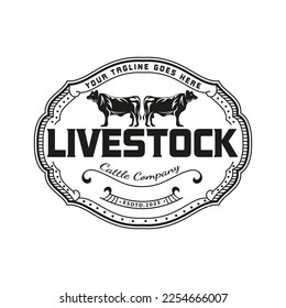 Retro Vintage illustration of Livestock Beef Emblem Cattle logo label, Typography vector design stamp.