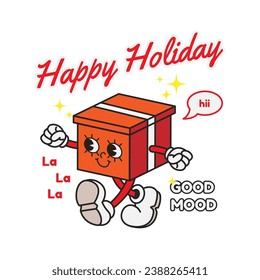 Retro vintage illustration of running red christmas gift. happy holidays. Suitable for t-shirts, jackets, hodies, bags, pouches, etc.