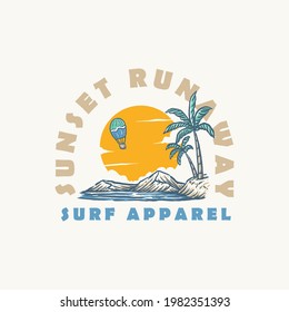 retro vintage illustration of summer beach with sunset and air balloon. design for t-shirt, sticker, badge, label, logo, emblem, tote bag, etc.