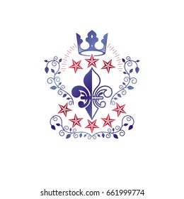 Retro vintage Insignia composed using lily flower, imperial crown and pentagonal stars. Vector royal quality idea design element, Fleur-De-Lis.
