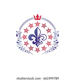 Retro vintage Insignia composed using lily flower, imperial crown and pentagonal stars. Vector royal quality idea design element, Fleur-De-Lis.