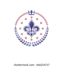 Retro vintage Insignia composed using lily flower, imperial crown and pentagonal stars. Vector royal quality idea design element, Fleur-De-Lis.
