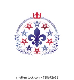 Retro vintage Insignia composed using lily flower, imperial crown and pentagonal stars. Vector royal quality idea design element, Fleur-De-Lis.