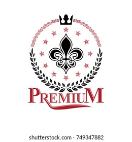 Retro vintage Insignia composed using lily flower, imperial crown and pentagonal stars. Vector royal quality idea design element, Fleur-De-Lis.