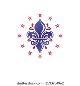 Retro vintage Insignia created with lily flower and pentagonal stars. Vector product quality idea design element, Fleur-De-Lis.