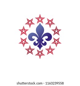 Retro vintage Insignia created with lily flower and pentagonal stars. Vector Victorian design element, quality control theme. 