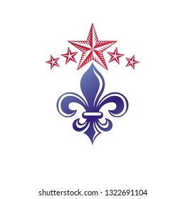 Retro vintage Insignia created with lily flower and pentagonal stars. Vector product quality idea design element, Fleur-De-Lis.