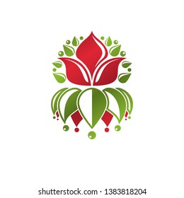 Retro vintage Insignia created with lily flower. Vector design element, organic natural product emblem.