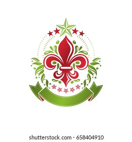 Retro vintage Insignia created with lily flower and pentagonal stars. Vector design element, organic natural product emblem, best quality design element.