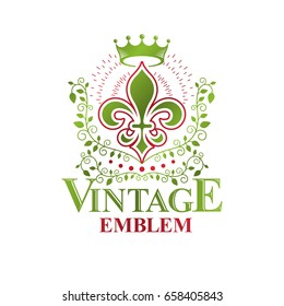 Retro vintage Insignia created with lily flower and imperial crown. Vector product quality idea design element, Fleur-De-Lis.
