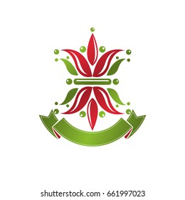 Retro vintage Insignia created with lily flower. Vector design element, organic natural product emblem.