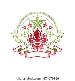 Retro vintage Insignia created with lily flower and pentagonal stars. Vector design element, organic natural product emblem, best quality design element.