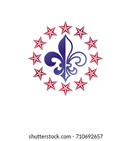 Retro vintage Insignia created with lily flower and pentagonal stars. Vector product quality idea design element, Fleur-De-Lis.