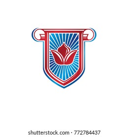 Retro vintage Insignia with lily flower and cartouche. Vector design element, protection shield with rolled-up ends.