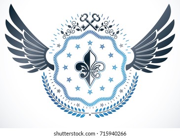 Retro vintage Insignia made with vector design elements like lily flower royal symbol and old keys.