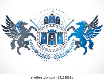 Retro vintage Insignia. Vector design element created using mythic Pegasus illustration, pentagonal stars and ancient castle.