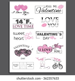 Retro Vintage Insignias or Logotypes set for Valentines day. Vector tags, calligraphic and typographic elements, signs, logos, labels, badges and objects.