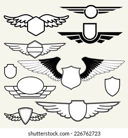 Retro Vintage Insignias or Logotypes with wings.  Vector design elements, business signs, logos, identity, labels, badges and objects.