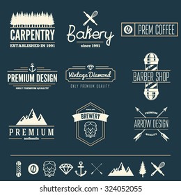 Retro Vintage Insignias set, vector design elements, business signs, logos, identity, labels, badges, apparel, shirts, ribbons, stickers and other branding objects.