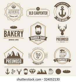 Retro Vintage Insignias set, vector design elements, business signs, logos, identity, labels, badges, apparel, shirts, ribbons, stickers and other branding objects.