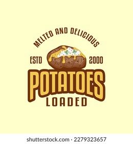 retro vintage inspired design. baked potato, loaded potatoes, potato Loaded roasted logo, With melted cheese icon logo Design company vector branding, menu book