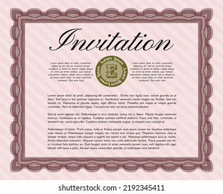 Retro vintage invitation. Cordial design. With guilloche pattern and background. Customizable, Easy to edit and change colors.  Red color.