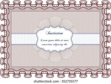 Retro vintage invitation. Excellent complex design. With guilloche pattern and background. Vector illustration.