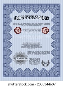 Retro vintage invitation. Excellent design. With complex linear background. Vector illustration.  Blue color.