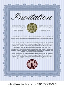 Retro vintage invitation. Money Pattern. With great quality guilloche pattern.   Blue color.