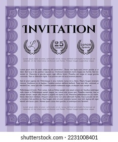 Retro vintage invitation. Sophisticated design. With great quality guilloche pattern. Vector illustration.  Violet color.