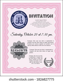 Retro vintage invitation template. Artistry design. With guilloche pattern. Customizable, Easy to edit and change colors.  Pink color.
