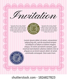 Retro vintage invitation template. Artistry design. With guilloche pattern. Vector illustration.  Pink color.